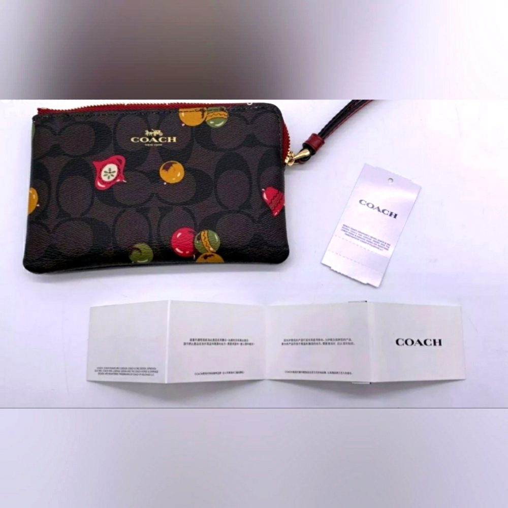 NWT Coach Signature Canvas Ornament Print Brown Corner Zip Wristlet wallet pouch